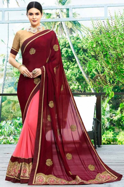 marron et couleur rose georgette sari