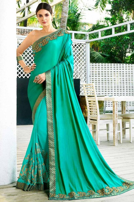 soie vert satin couleur de la mer et georgette sari