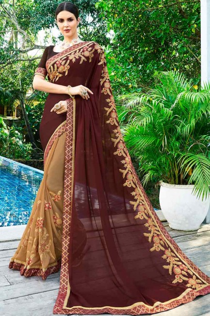 brun et beige couleur georgette sari