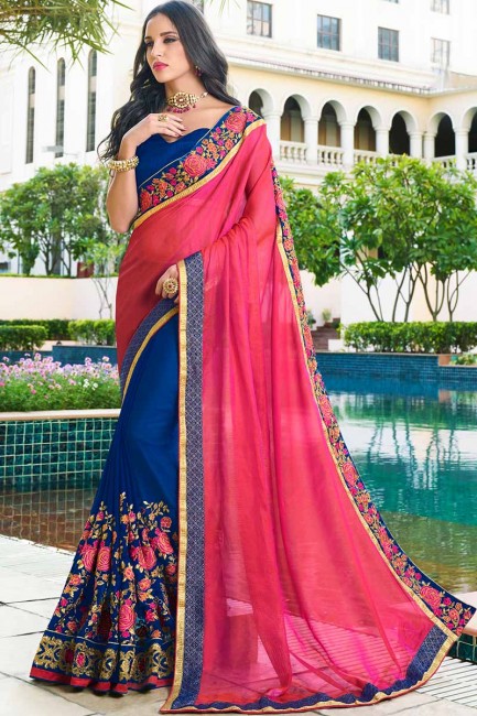 couleur rose et bleu georgette et georgette de soie sari