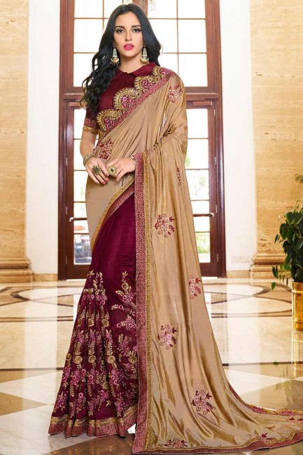 couleur beige et vin soie douce et georgette sari
