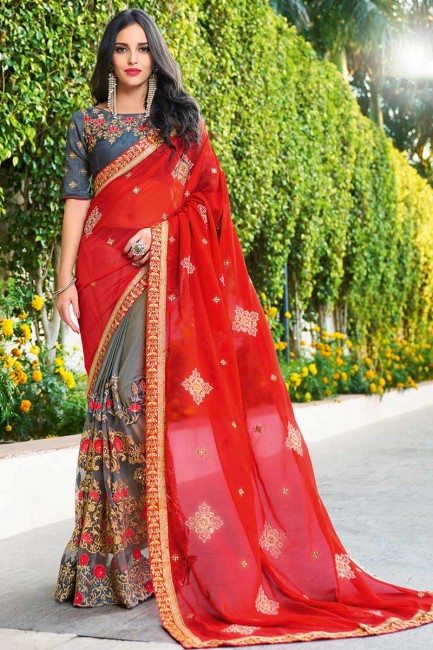 couleur rouge et gris georgette & sari net