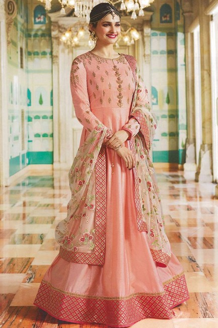 costume art couleur rose soie Anarkali