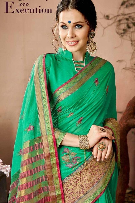 coton couleur verte mer saris en soie