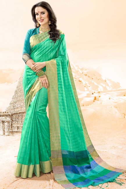 couleur verte mer handloom sari de soie de coton
