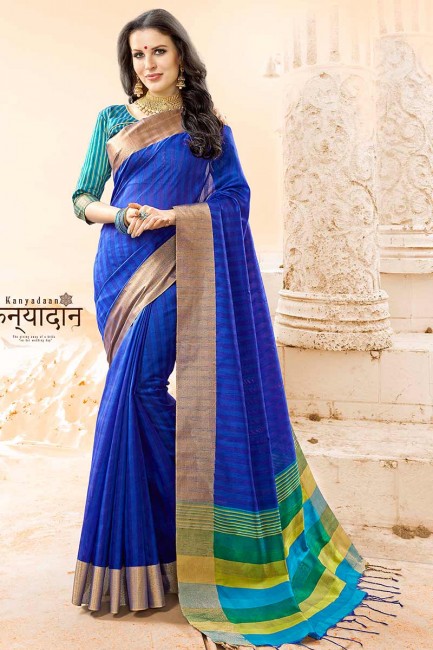 royale couleur bleue handloom sari de soie de coton