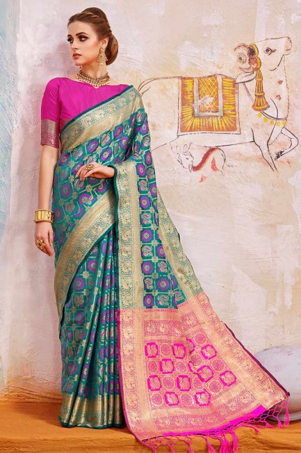sarcelle couleur bleue sari de soie art