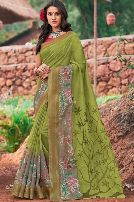 couleur verte sari de soie de coton