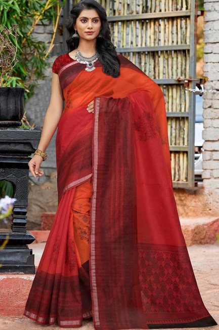 Maroon & orange sari en soie de coton