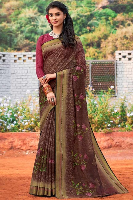 coton couleur brun foncé saris en soie