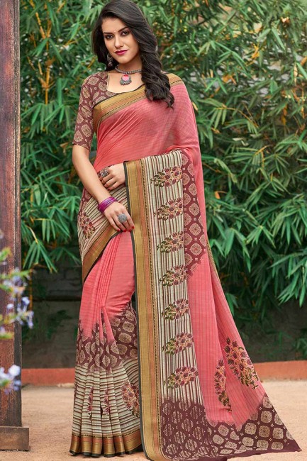 couleur pêche sari de soie de coton