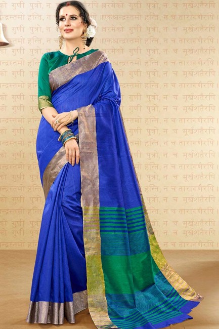 royale couleur bleue handloom sari de soie de coton