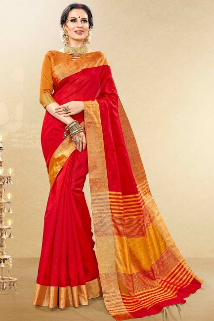 couleur rouge handloom sari de soie de coton