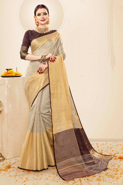 coton de couleur gris pâle handloom soie sari