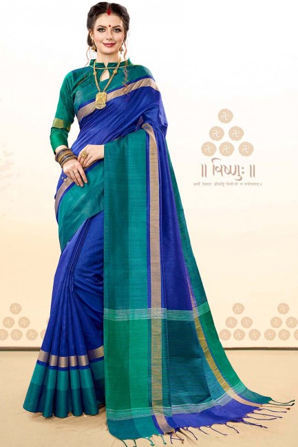 royale couleur bleue khadi sari de soie de coton