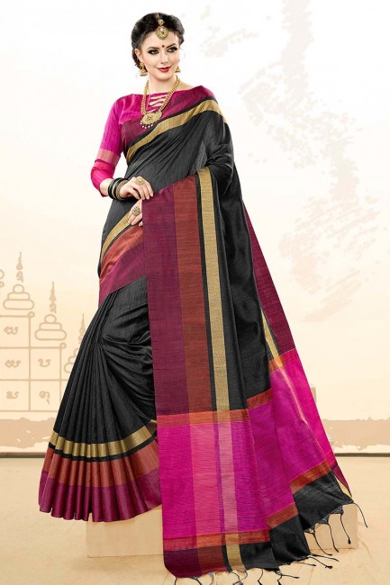 couleur noire khadi sari de soie de coton