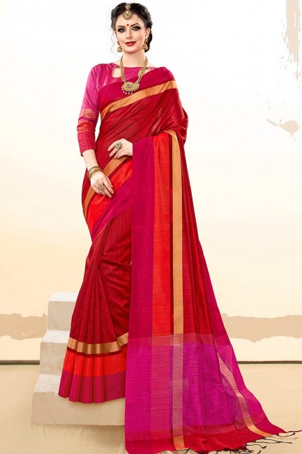 couleur rouge khadi sari de soie de coton