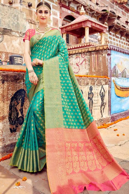 couleur verte mer Banarasi sari de soie art