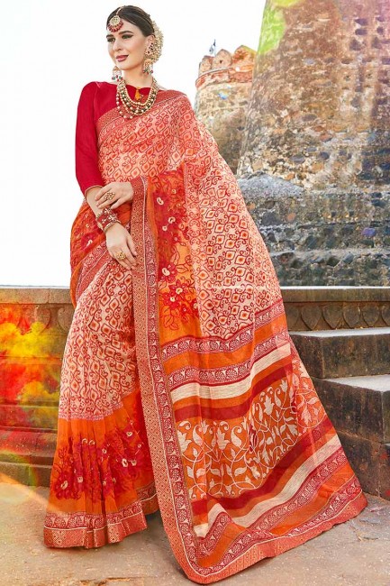 crème et orange sari en coton super net