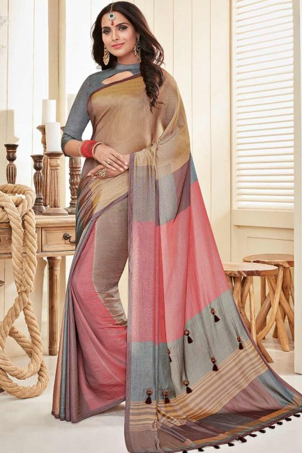 beige et coton couleur rose khadi sari