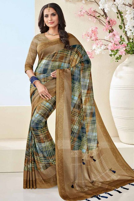 brun clair et coton couleur bleu khadi sari