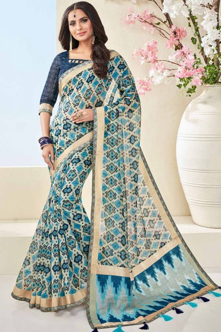 coton couleur bleu et crème khadi sari