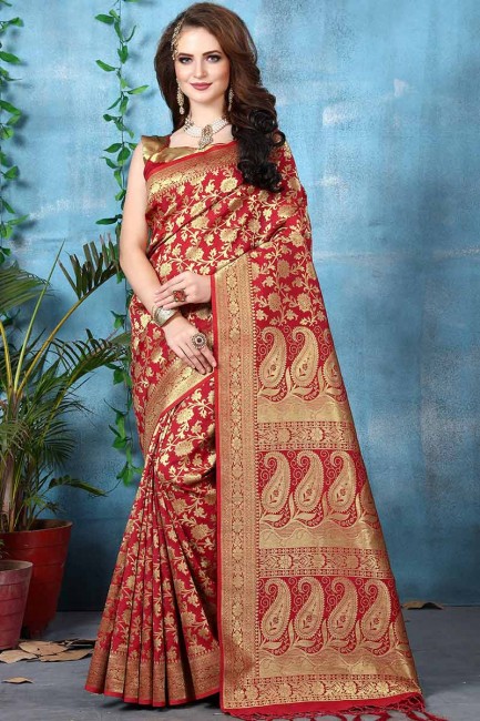 couleur rouge Banarasi sari de soie art