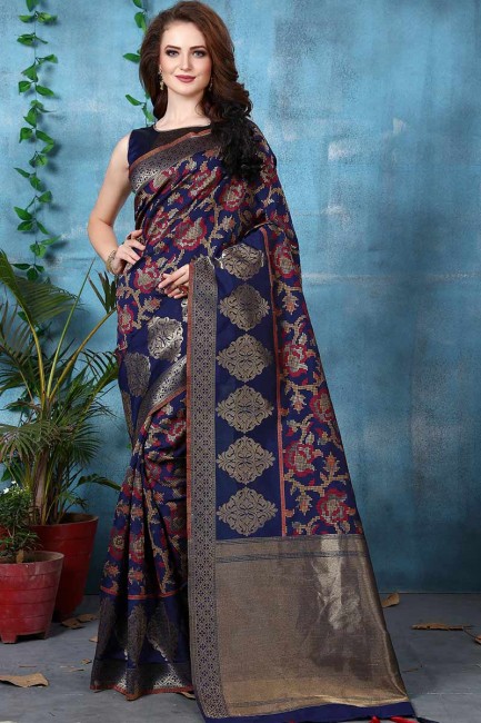 couleur bleu marine Banarasi art saris en soie