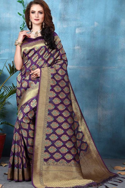 couleur pourpre Banarasi sari de soie art