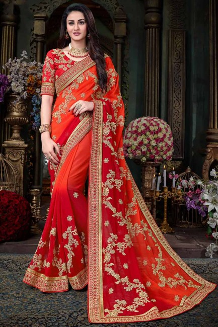 orange et couleur rouge georgette sari