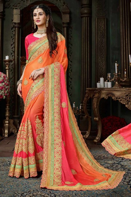 orange et mousseline de couleur rose sari