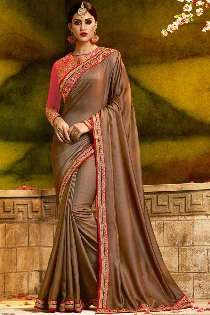 soie georgette sari de couleur brun clair