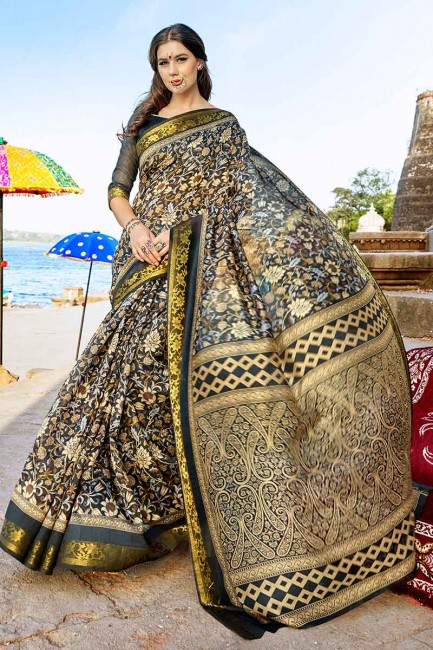 couleur noire sari de soie de coton