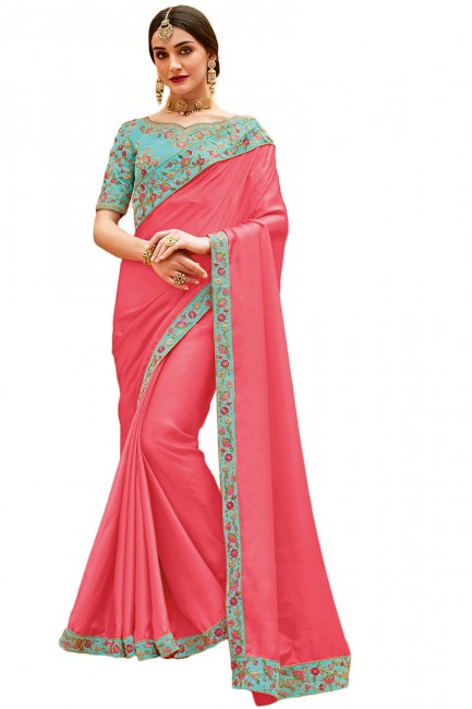 satin de soie sari de couleur rose