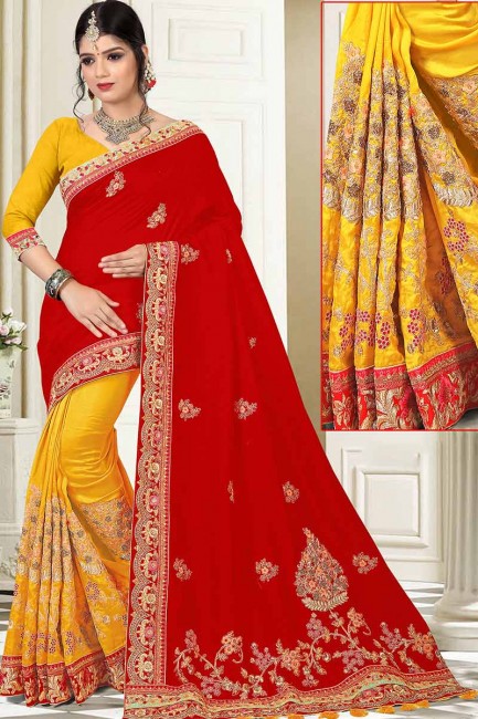 rouge et couleur saris en soie jaune