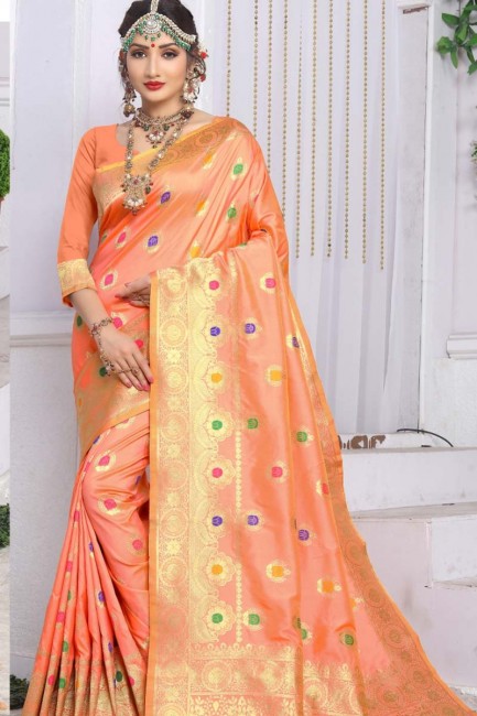 couleur pêche Banarasi sari de soie art