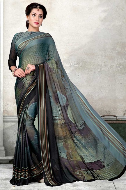 gris & mousseline couleur noire sari
