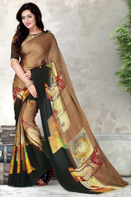 brun & mousseline couleur noire sari