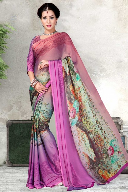 rose et mousseline de couleur pourpre sari