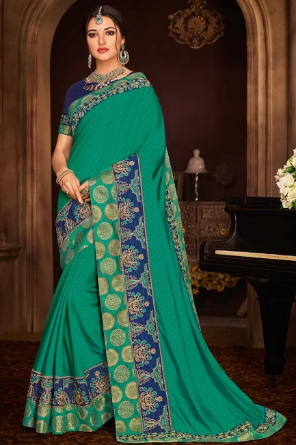 couleur verte sarcelle soie jacquard sari