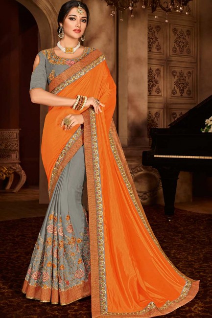 art orange et gris soie et georgette sari
