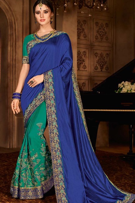 bleu et sarcelle art couleur verte saris en soie