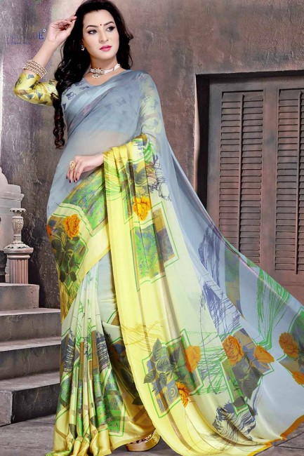 gris et couleur jaune en satin de soie sari