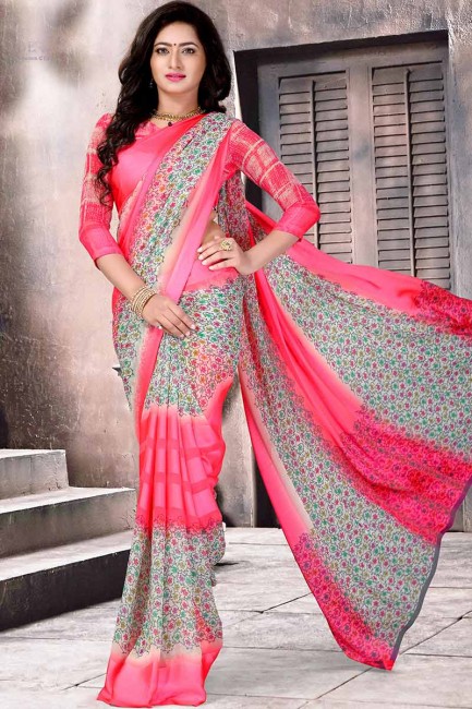 rose et multicolore en satin de soie sari