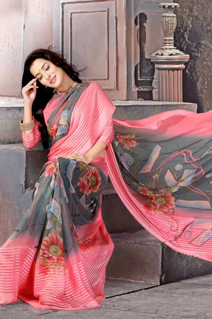 rose et couleur grise en satin de soie sari