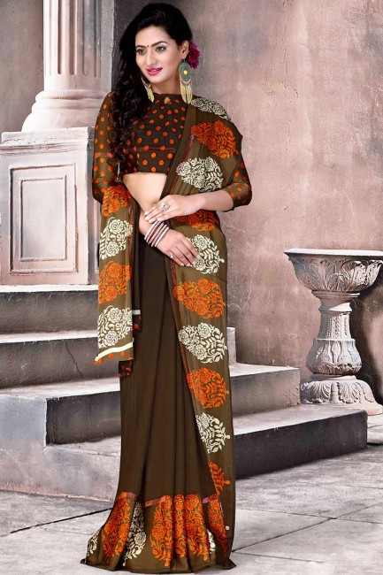 satin couleur brun foncé saris en soie