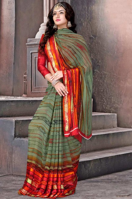 couleur verte et rouge olive en satin de soie sari