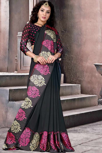 satin de soie sari de couleur noire