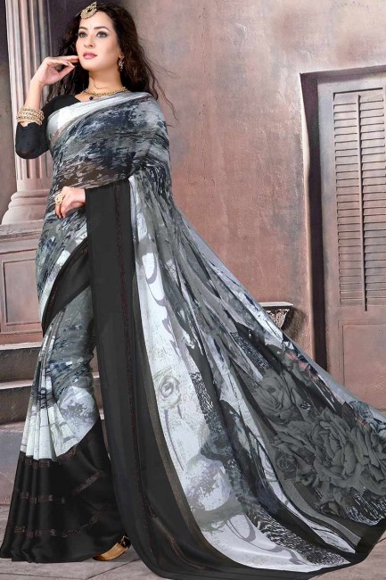 gris et couleur noire en satin de soie sari