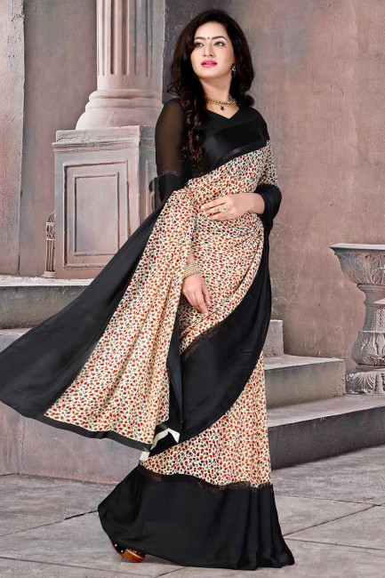 couleur noire et crème en satin de soie sari